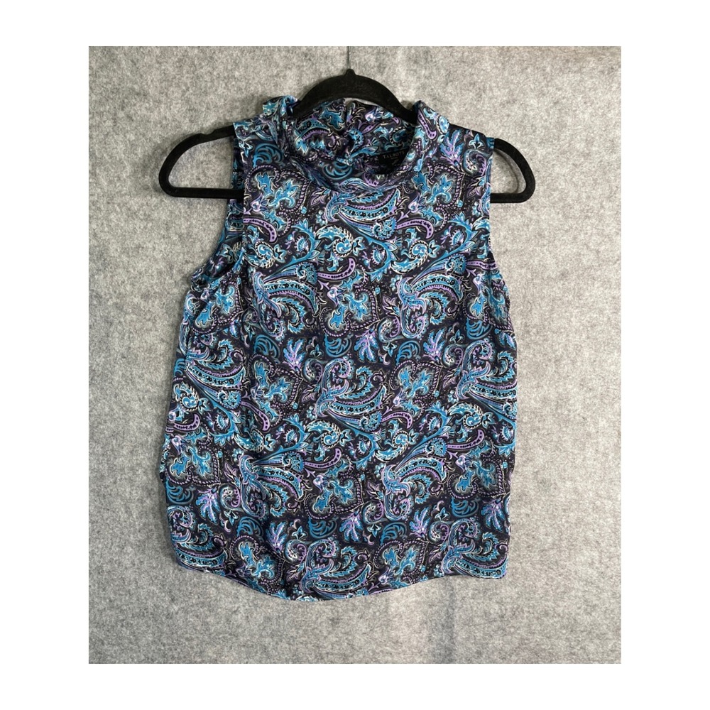 Talbots Petites Blue Purple Paisley Mock Neck Sleeveless Shell Blouse Top